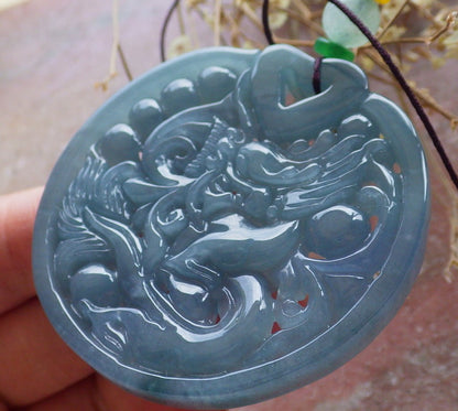 Certified Icy Green Pale lavender Burma 100% Natural A Jade jadeite Pendant Dragon Phoenix Heart Necklace 龙凤 650607 TN