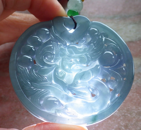 Certified Icy Green Pale lavender Burma 100% Natural A Jade jadeite Pendant Dragon Phoenix Heart Necklace 龙凤 650607 TN