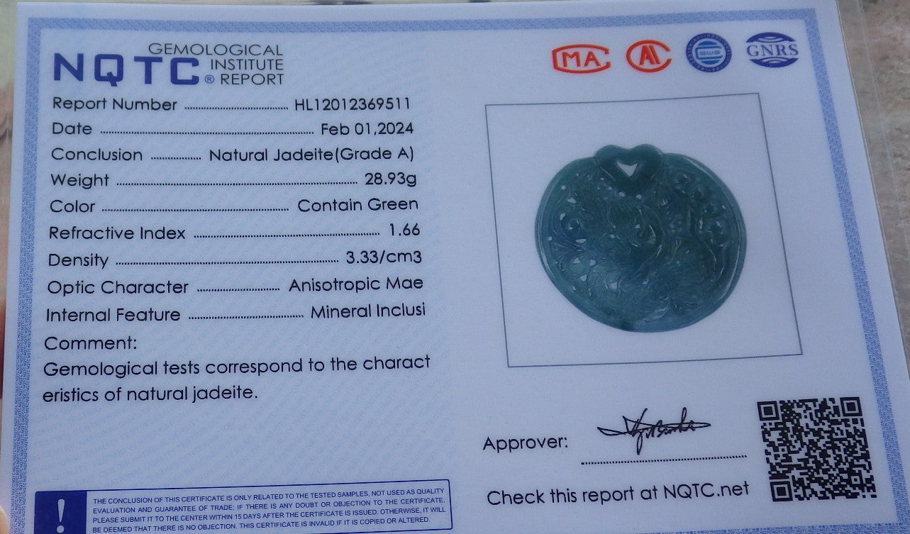 Certified Icy Green Pale lavender Burma 100% Natural A Jade jadeite Pendant Dragon Phoenix Heart Necklace 龙凤 650607 TN