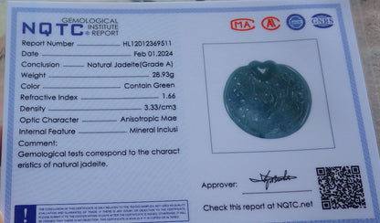 Certified Icy Green Pale lavender Burma 100% Natural A Jade jadeite Pendant Dragon Phoenix Heart Necklace 龙凤 650607 TN