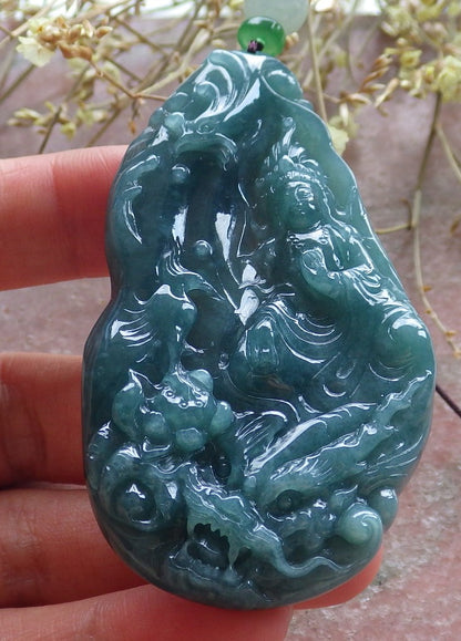 Certified Icy Green Burma 100% Natural A Jade jadeite Pendant  Guanyin Kwan Yin Dragon Phoenix Lotus Flower 龙凤 650635 TN