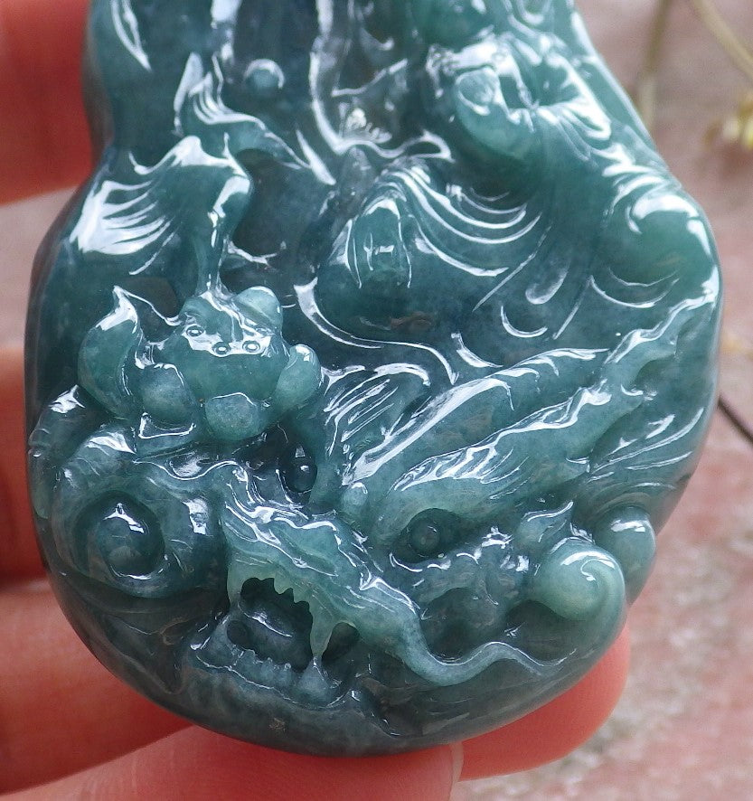 Certified Icy Green Burma 100% Natural A Jade jadeite Pendant  Guanyin Kwan Yin Dragon Phoenix Lotus Flower 龙凤 650635 TN