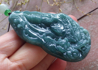 Certified Icy Green Burma 100% Natural A Jade jadeite Pendant  Guanyin Kwan Yin Dragon Phoenix Lotus Flower 龙凤 650635 TN