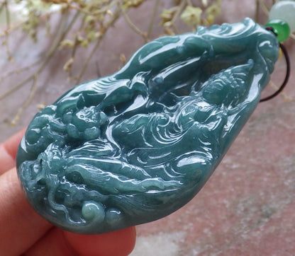 Certified Icy Green Burma 100% Natural A Jade jadeite Pendant  Guanyin Kwan Yin Dragon Phoenix Lotus Flower 龙凤 650635 TN