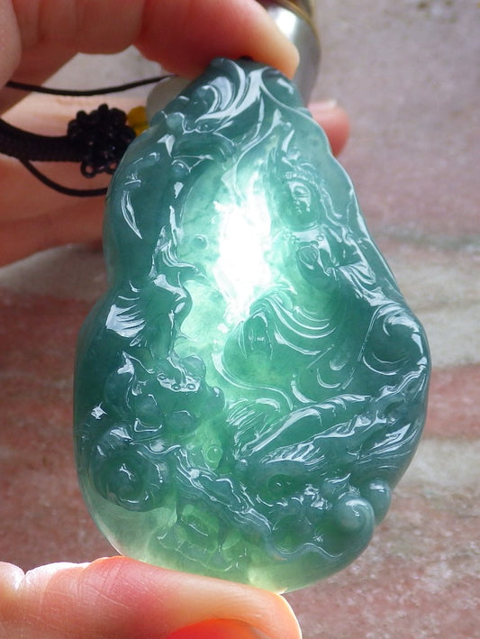 Certified Icy Green Burma 100% Natural A Jade jadeite Pendant  Guanyin Kwan Yin Dragon Phoenix Lotus Flower 龙凤 650635 TN