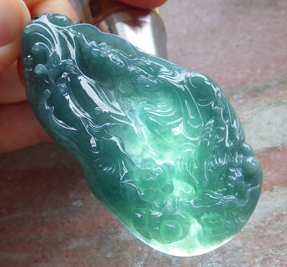 Certified Icy Green Burma 100% Natural A Jade jadeite Pendant  Guanyin Kwan Yin Dragon Phoenix Lotus Flower 龙凤 650635 TN