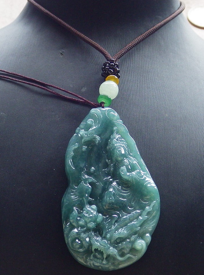 Certified Icy Green Burma 100% Natural A Jade jadeite Pendant  Guanyin Kwan Yin Dragon Phoenix Lotus Flower 龙凤 650635 TN