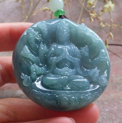 Certified Icy Green Pale Lavender Burma 100% Natural A Jade jadeite Pendant 1000 Hand Guanyin Kwan Yin Lotus Flower Necklace 观音 650653 TN