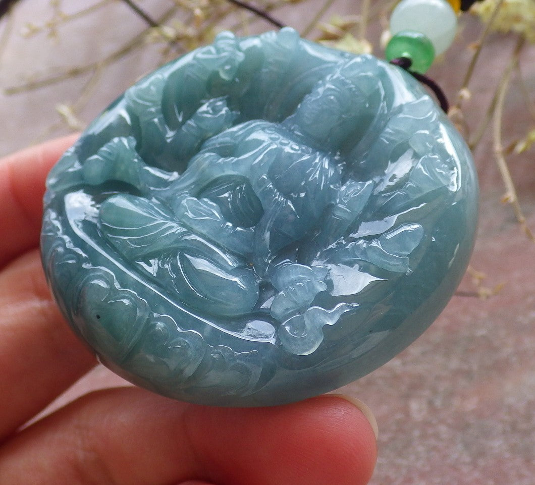 Certified Icy Green Pale Lavender Burma 100% Natural A Jade jadeite Pendant 1000 Hand Guanyin Kwan Yin Lotus Flower Necklace 观音 650653 TN