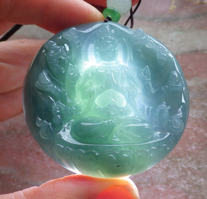 Certified Icy Green Pale Lavender Burma 100% Natural A Jade jadeite Pendant 1000 Hand Guanyin Kwan Yin Lotus Flower Necklace 观音 650653 TN
