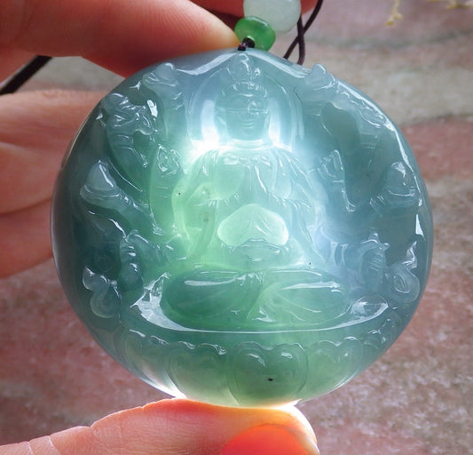 Certified Icy Green Pale Lavender Burma 100% Natural A Jade jadeite Pendant 1000 Hand Guanyin Kwan Yin Lotus Flower Necklace 观音 650653 TN