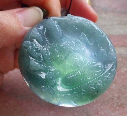 Certified Icy Green Pale Lavender Burma 100% Natural A Jade jadeite Pendant 1000 Hand Guanyin Kwan Yin Lotus Flower Necklace 观音 650653 TN