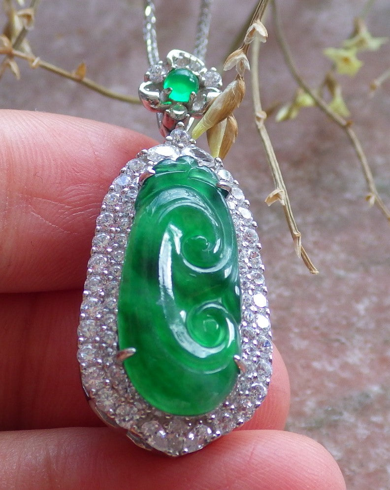 Icy Green Silver 925 Certified Burma 100% Natural A JADE Jadeite pendant Lotus Flower Ruyi Necklace 如意 650714 TN