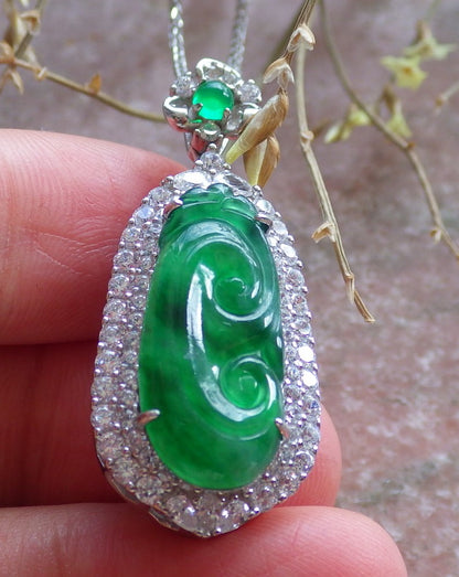Icy Green Silver 925 Certified Burma 100% Natural A JADE Jadeite pendant Lotus Flower Ruyi Necklace 如意 650714 TN
