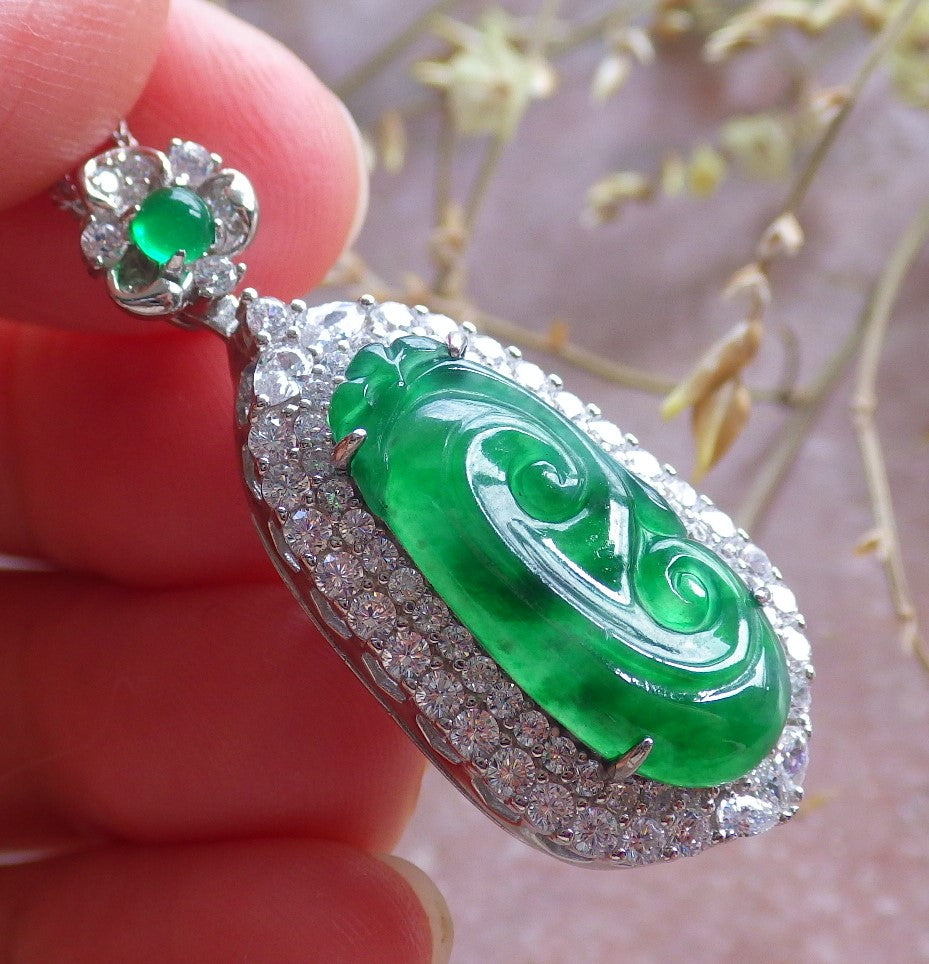 Icy Green Silver 925 Certified Burma 100% Natural A JADE Jadeite pendant Lotus Flower Ruyi Necklace 如意 650714 TN