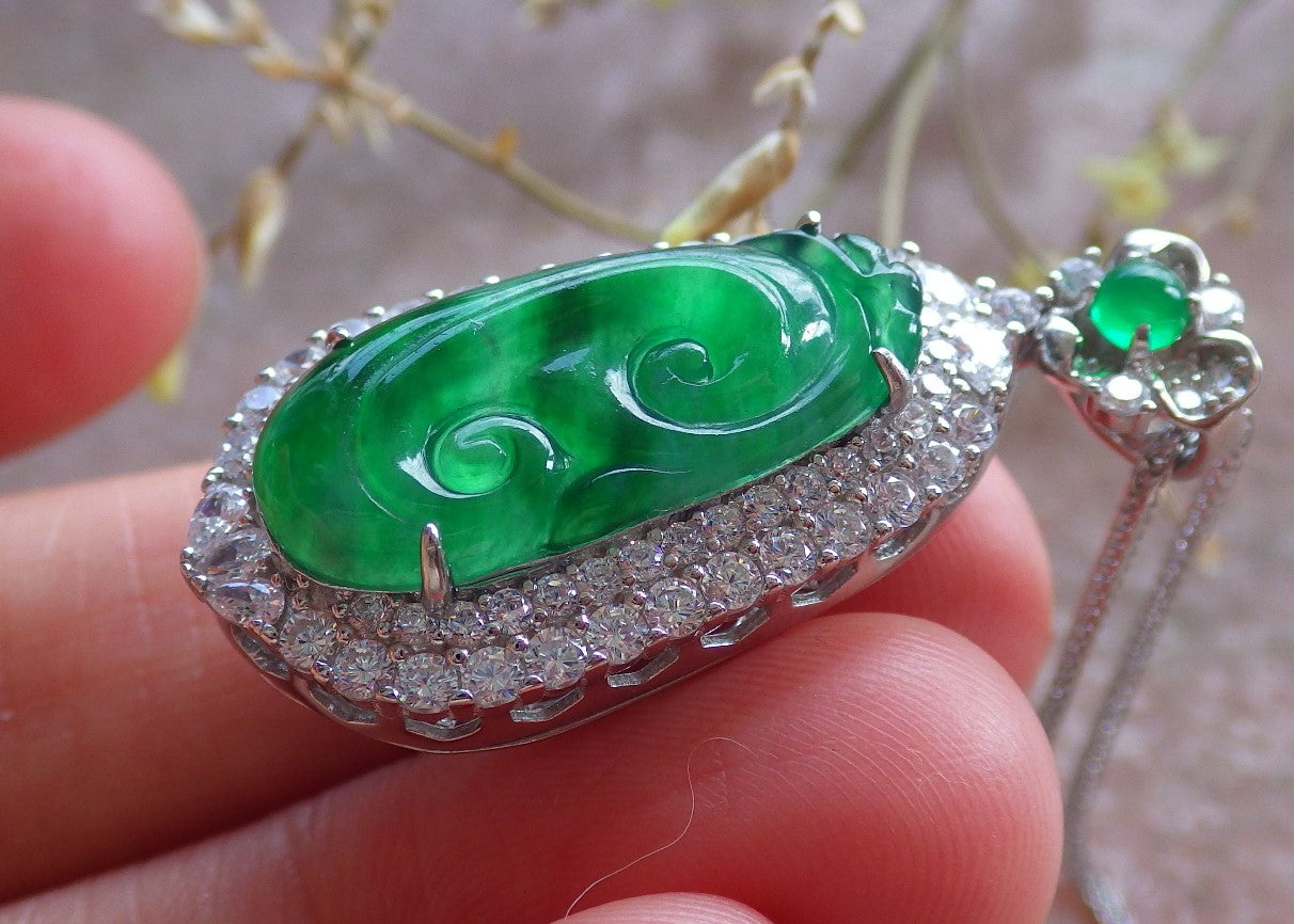Icy Green Silver 925 Certified Burma 100% Natural A JADE Jadeite pendant Lotus Flower Ruyi Necklace 如意 650714 TN