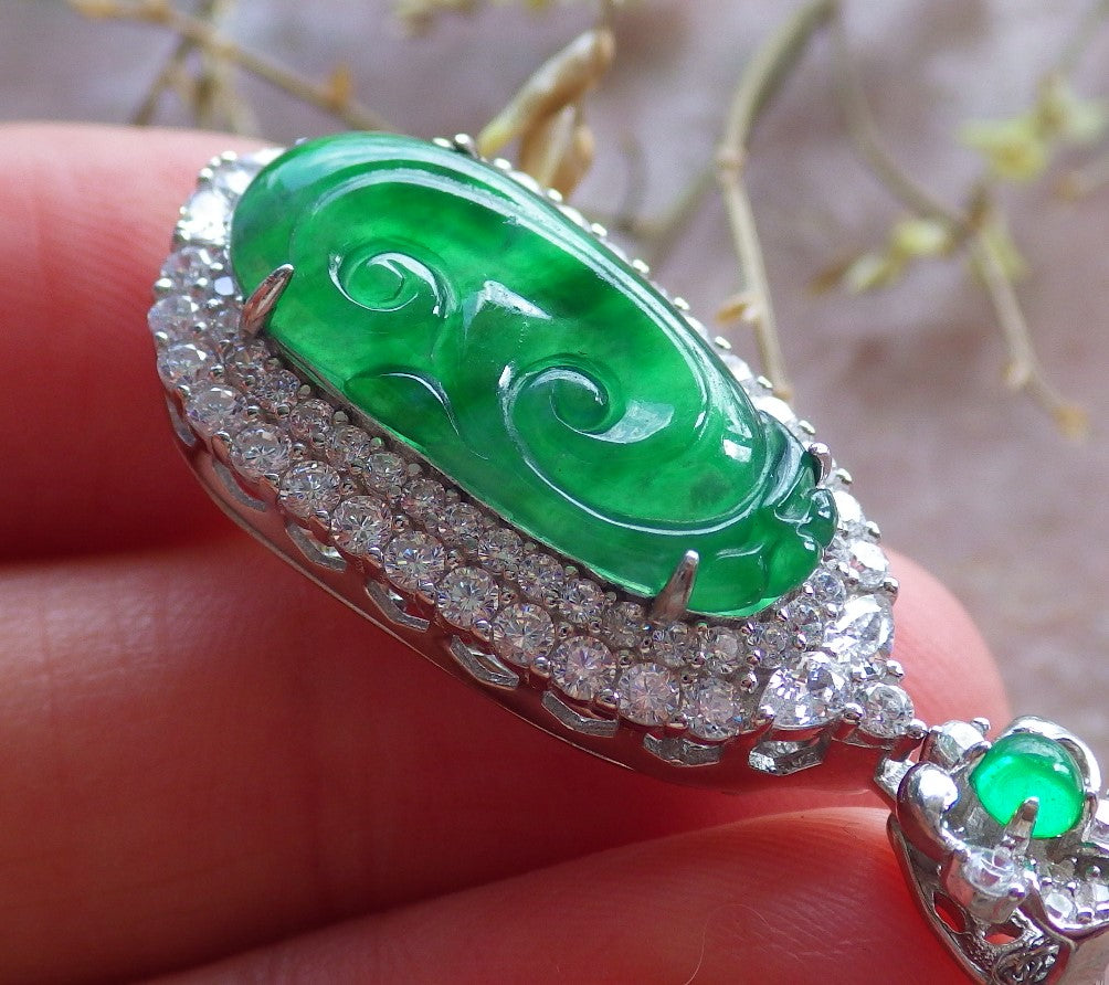 Icy Green Silver 925 Certified Burma 100% Natural A JADE Jadeite pendant Lotus Flower Ruyi Necklace 如意 650714 TN