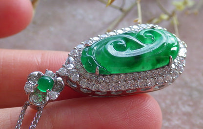 Icy Green Silver 925 Certified Burma 100% Natural A JADE Jadeite pendant Lotus Flower Ruyi Necklace 如意 650714 TN