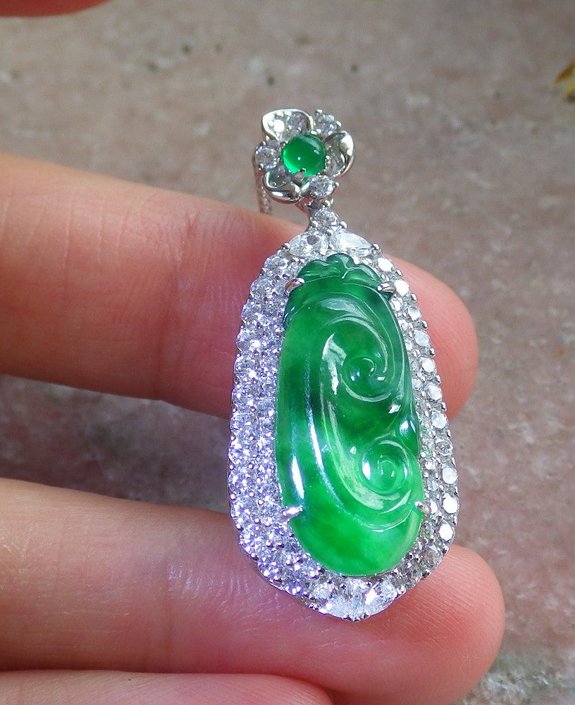 Icy Green Silver 925 Certified Burma 100% Natural A JADE Jadeite pendant Lotus Flower Ruyi Necklace 如意 650714 TN
