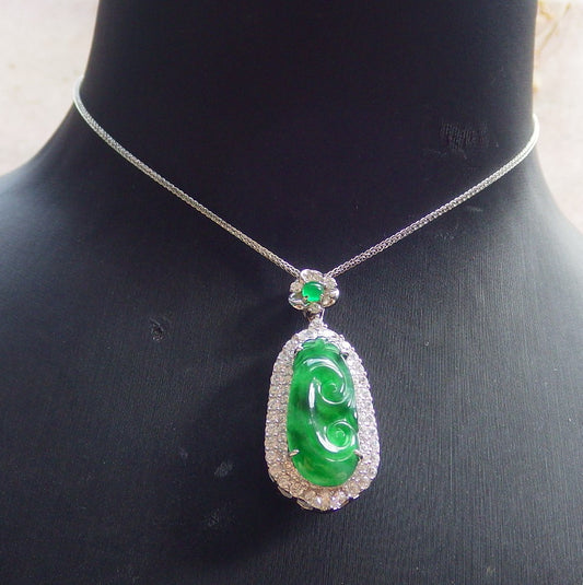 Icy Green Silver 925 Certified Burma 100% Natural A JADE Jadeite pendant Lotus Flower Ruyi Necklace 如意 650714 TN