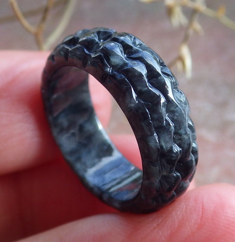 Certified Black Burma 100% Natural A JADE Jadeite Dragon RING USA. 5.25 戒指 650786 TN