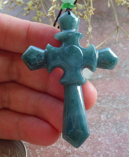 Certified Icy Green Burma 100% Natural A Jade jadeite Pendant Jesus Cross Necklace 十字架 650805 TN
