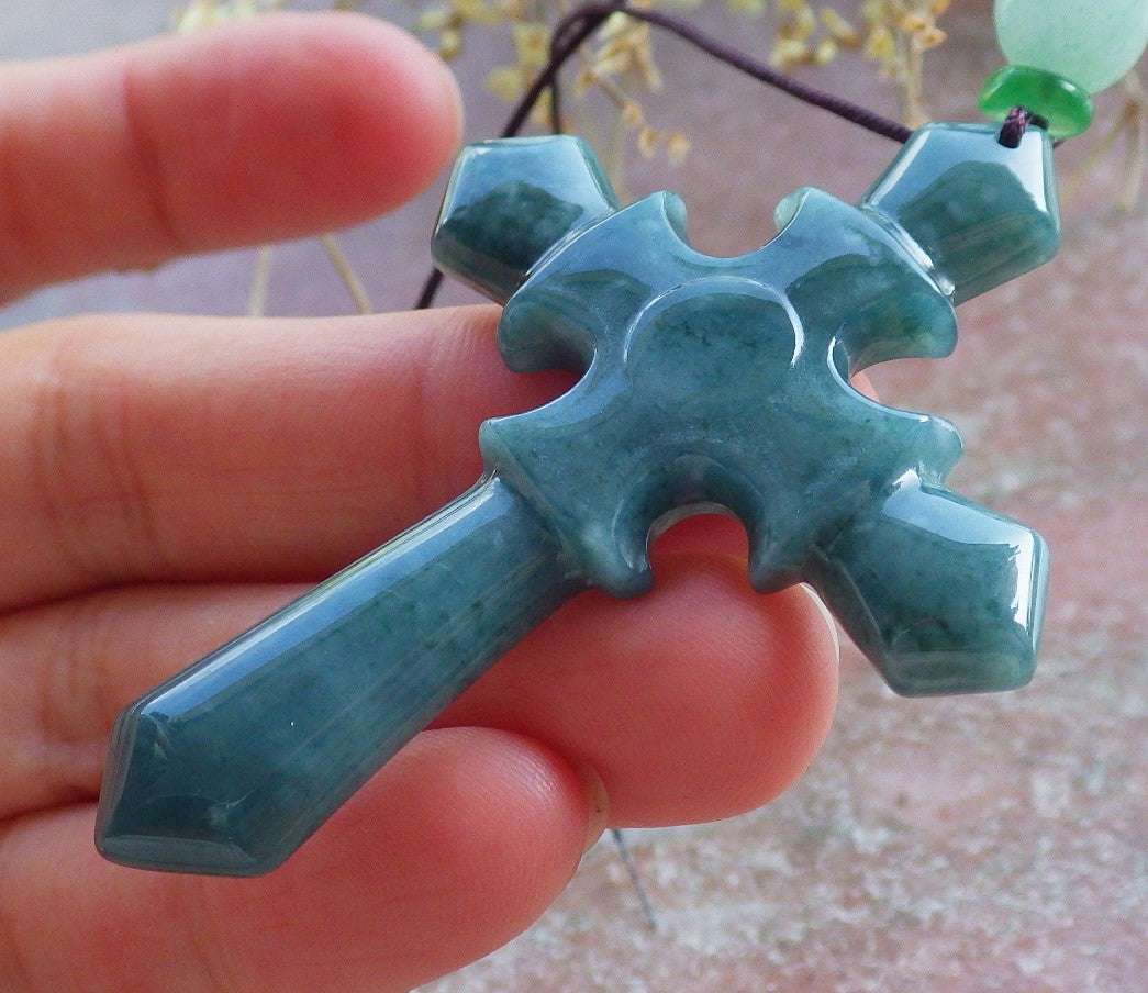 Certified Icy Green Burma 100% Natural A Jade jadeite Pendant Jesus Cross Necklace 十字架 650805 TN