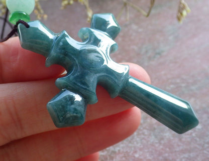 Certified Icy Green Burma 100% Natural A Jade jadeite Pendant Jesus Cross Necklace 十字架 650805 TN