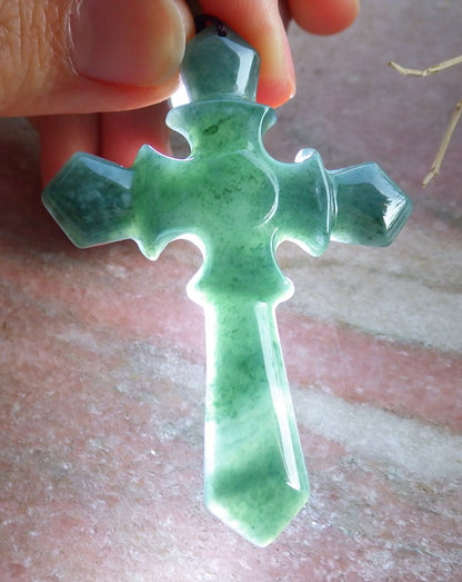 Certified Icy Green Burma 100% Natural A Jade jadeite Pendant Jesus Cross Necklace 十字架 650805 TN