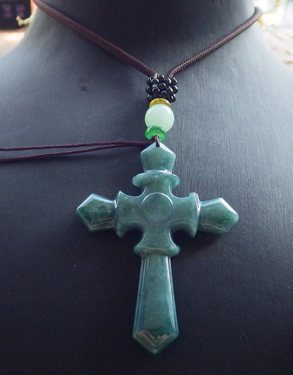 Certified Icy Green Burma 100% Natural A Jade jadeite Pendant Jesus Cross Necklace 十字架 650805 TN