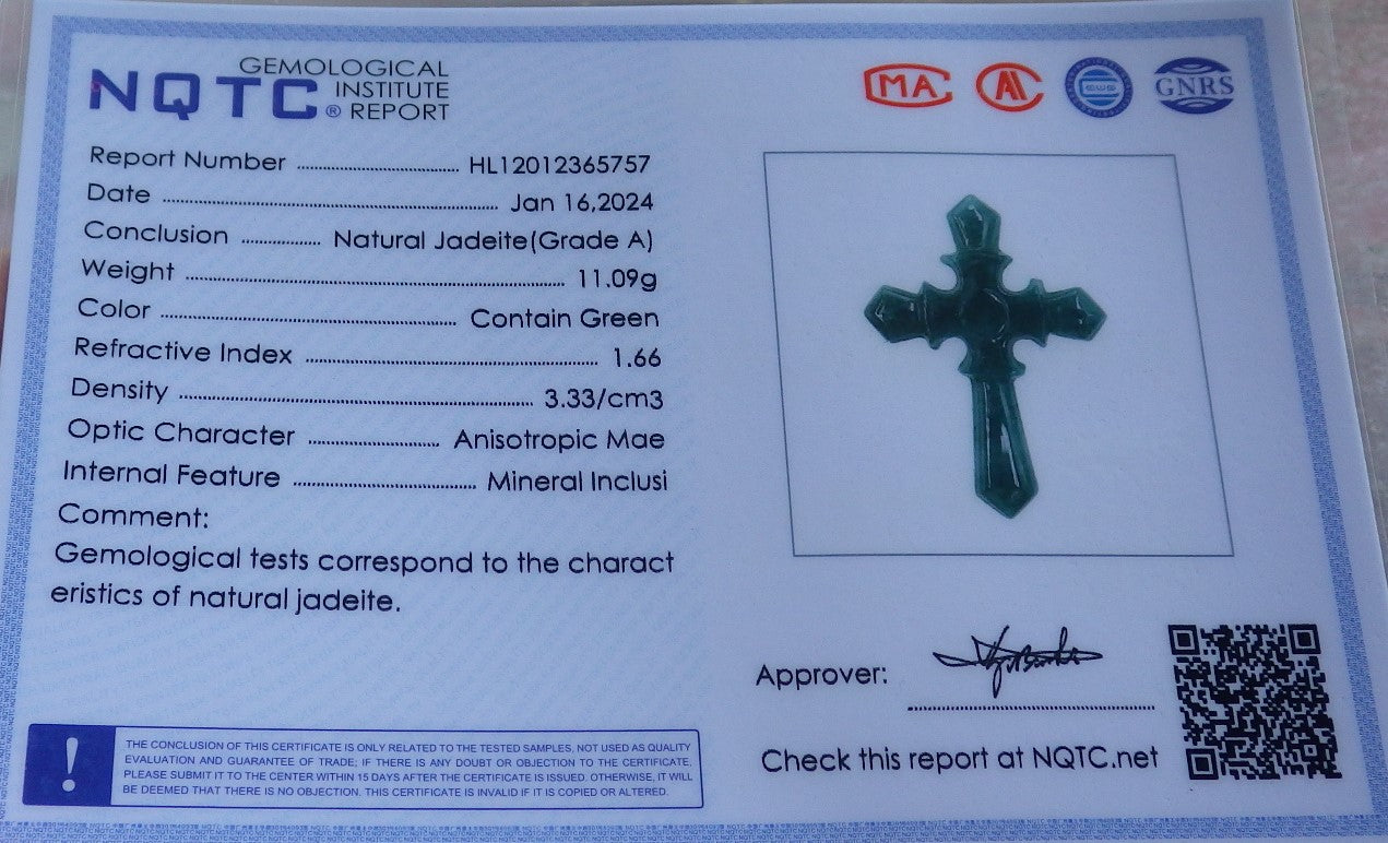Certified Icy Green Burma 100% Natural A Jade jadeite Pendant Jesus Cross Necklace 十字架 650805 TN