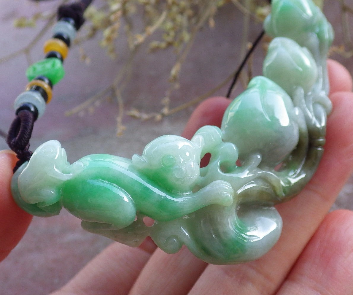 Certified Green Burma 100% Natural A Jade jadeite Pendant Monkey Peach Coin Necklace 猴子 650813 TN