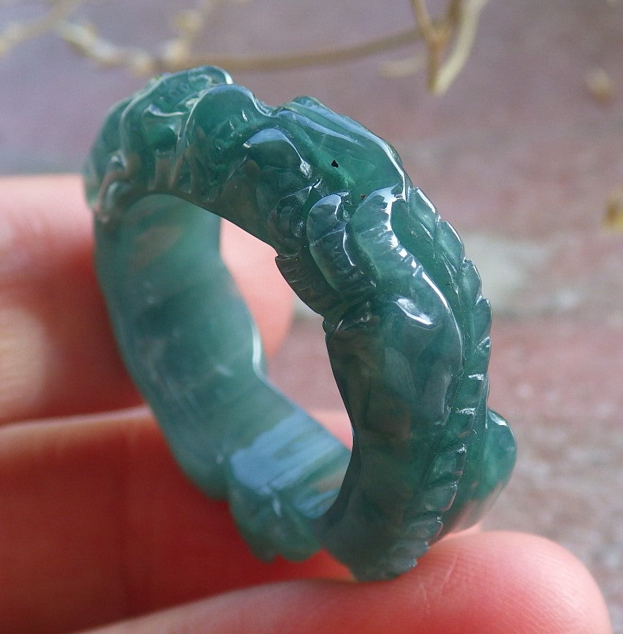 Certified Icy Green Burma 100% Natural A JADE Jadeite Dragon RING USA. 9.25 戒指 650831 TN