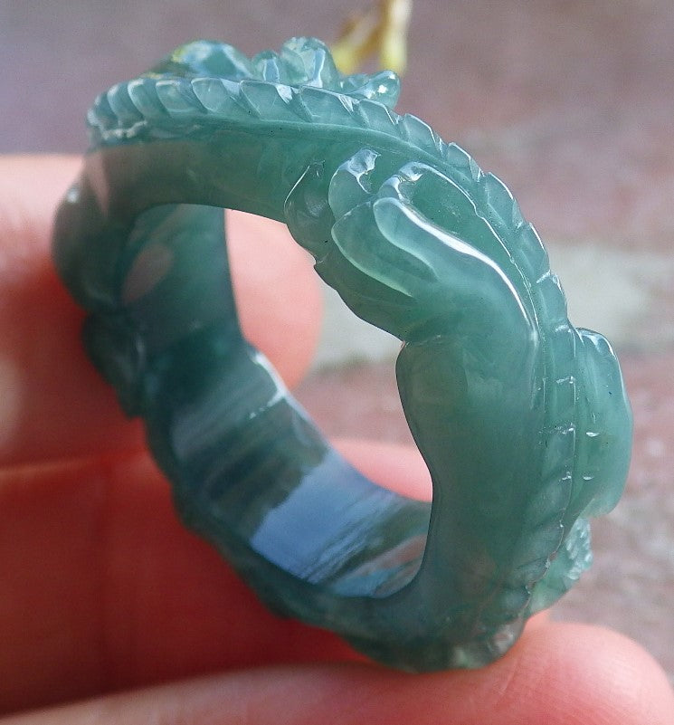 Certified Icy Green Burma 100% Natural A JADE Jadeite Dragon RING USA. 9.25 戒指 650831 TN