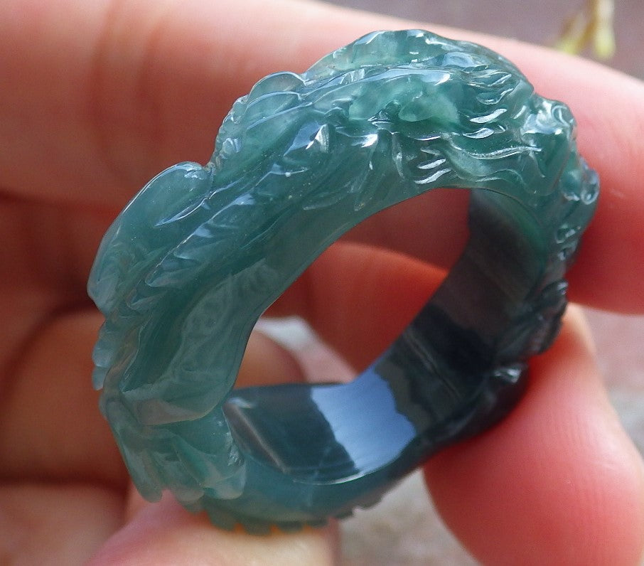Certified Icy Green Burma 100% Natural A JADE Jadeite Dragon RING USA. 9.25 戒指 650831 TN