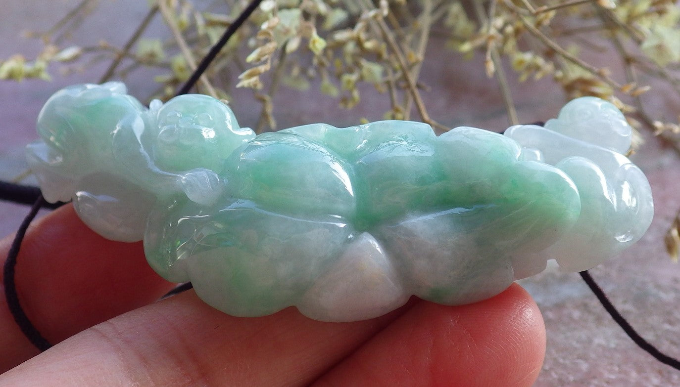 Certified Green Burma 100% Natural A Jade jadeite Pendant Monkey Lotus Flower Leaf Necklace 猴子 650848 TN