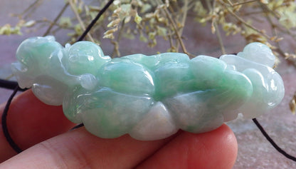 Certified Green Burma 100% Natural A Jade jadeite Pendant Monkey Lotus Flower Leaf Necklace 猴子 650848 TN