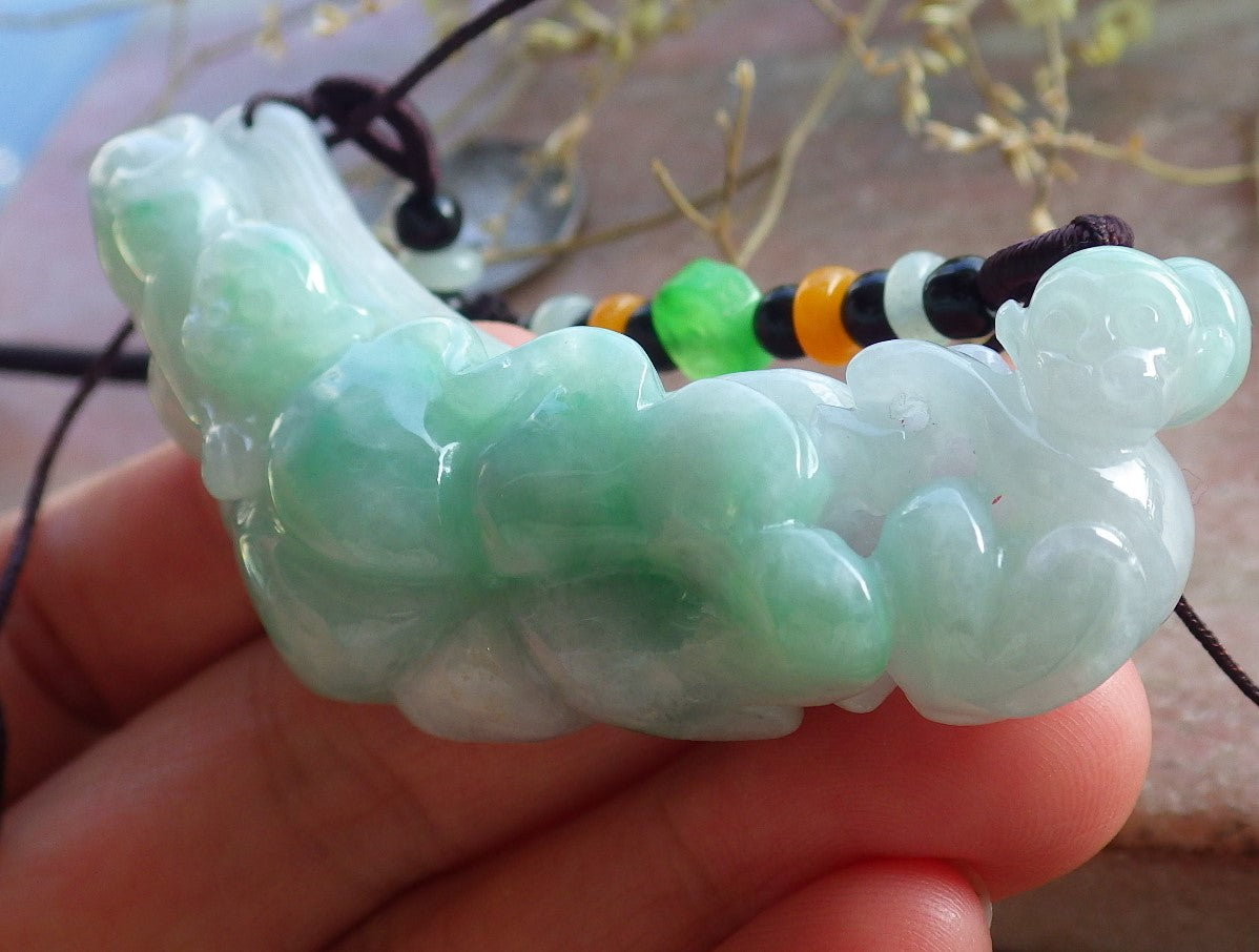 Certified Green Burma 100% Natural A Jade jadeite Pendant Monkey Lotus Flower Leaf Necklace 猴子 650848 TN