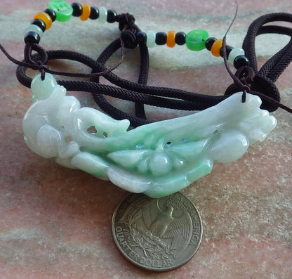 Certified Green Burma 100% Natural A Jade jadeite Pendant Monkey Lotus Flower Leaf Necklace 猴子 650848 TN