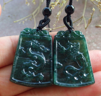 Pair Certified Icy Green Burma 100% Natural A Jade jadeite Pendant Dragon Phoenix Necklace 龙凤 650858 TN