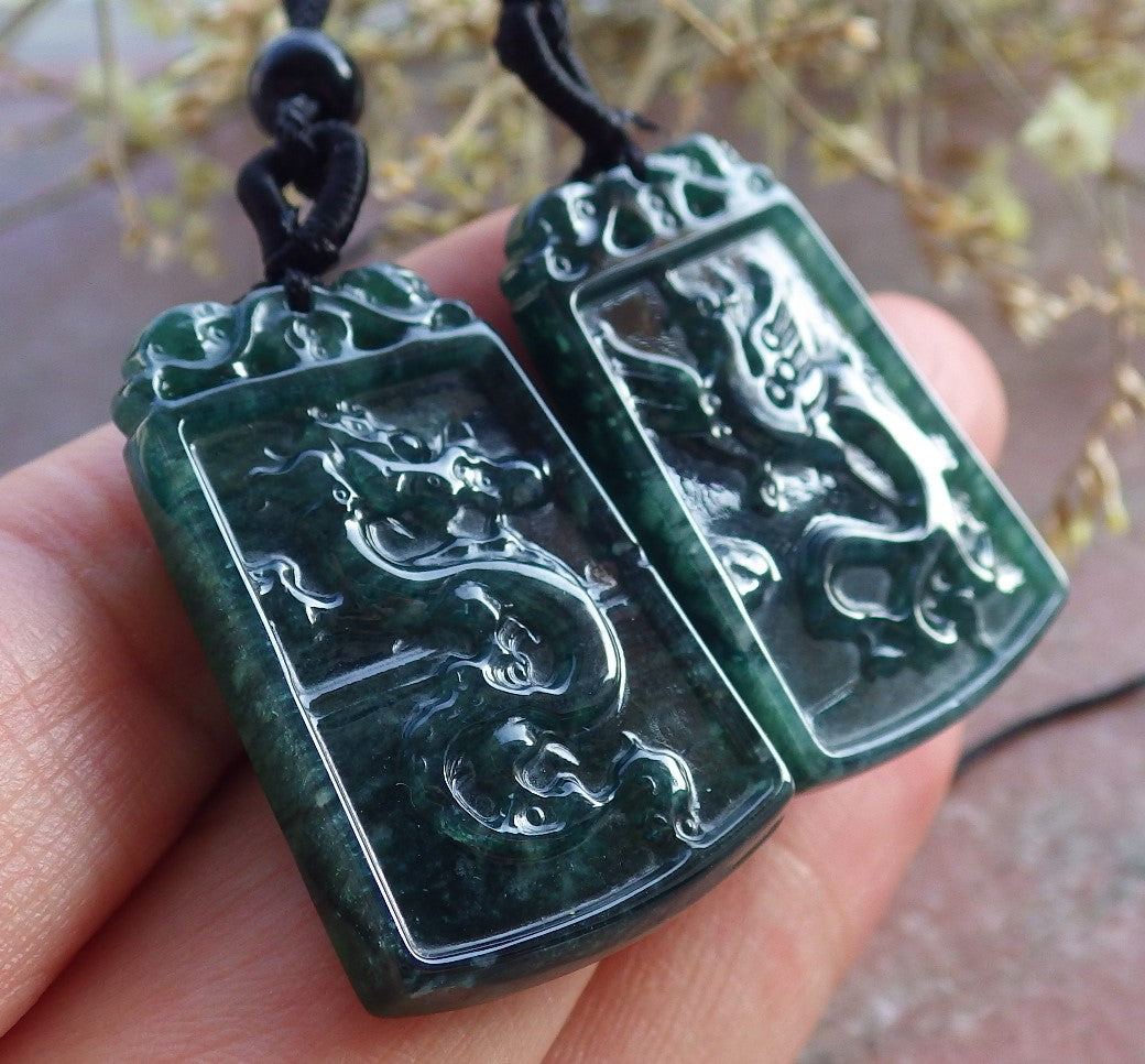 Pair Certified Icy Green Burma 100% Natural A Jade jadeite Pendant Dragon Phoenix Necklace 龙凤 650858 TN