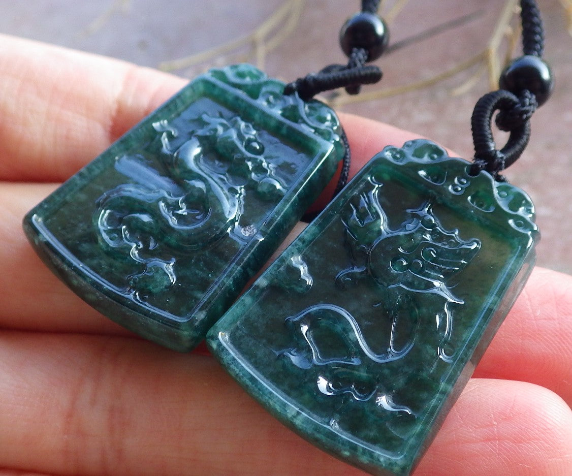 Pair Certified Icy Green Burma 100% Natural A Jade jadeite Pendant Dragon Phoenix Necklace 龙凤 650858 TN