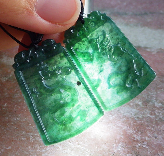 Pair Certified Icy Green Burma 100% Natural A Jade jadeite Pendant Dragon Phoenix Necklace 龙凤 650858 TN