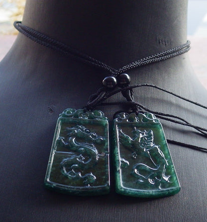 Pair Certified Icy Green Burma 100% Natural A Jade jadeite Pendant Dragon Phoenix Necklace 龙凤 650858 TN