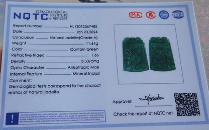 Pair Certified Icy Green Burma 100% Natural A Jade jadeite Pendant Dragon Phoenix Necklace 龙凤 650858 TN