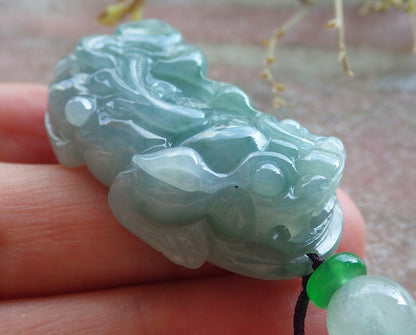 Certified Icy Green Burma 100% Natural A Jade jadeite Pendant Dragon Pi Xiu Ruyi Coin Necklace 风水貔貅 650920 TN