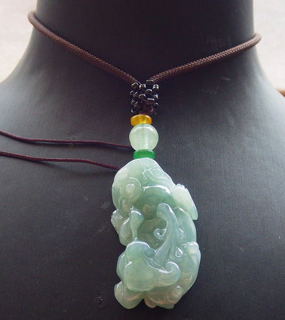 Certified Icy Green Burma 100% Natural A Jade jadeite Pendant Dragon Pi Xiu Ruyi Coin Necklace 风水貔貅 650920 TN