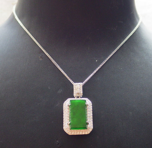 Icy Green Silver 925 Certified BURMA 100% Natural A JADE Jadeite pendant Rectangle Necklace 650936 TN