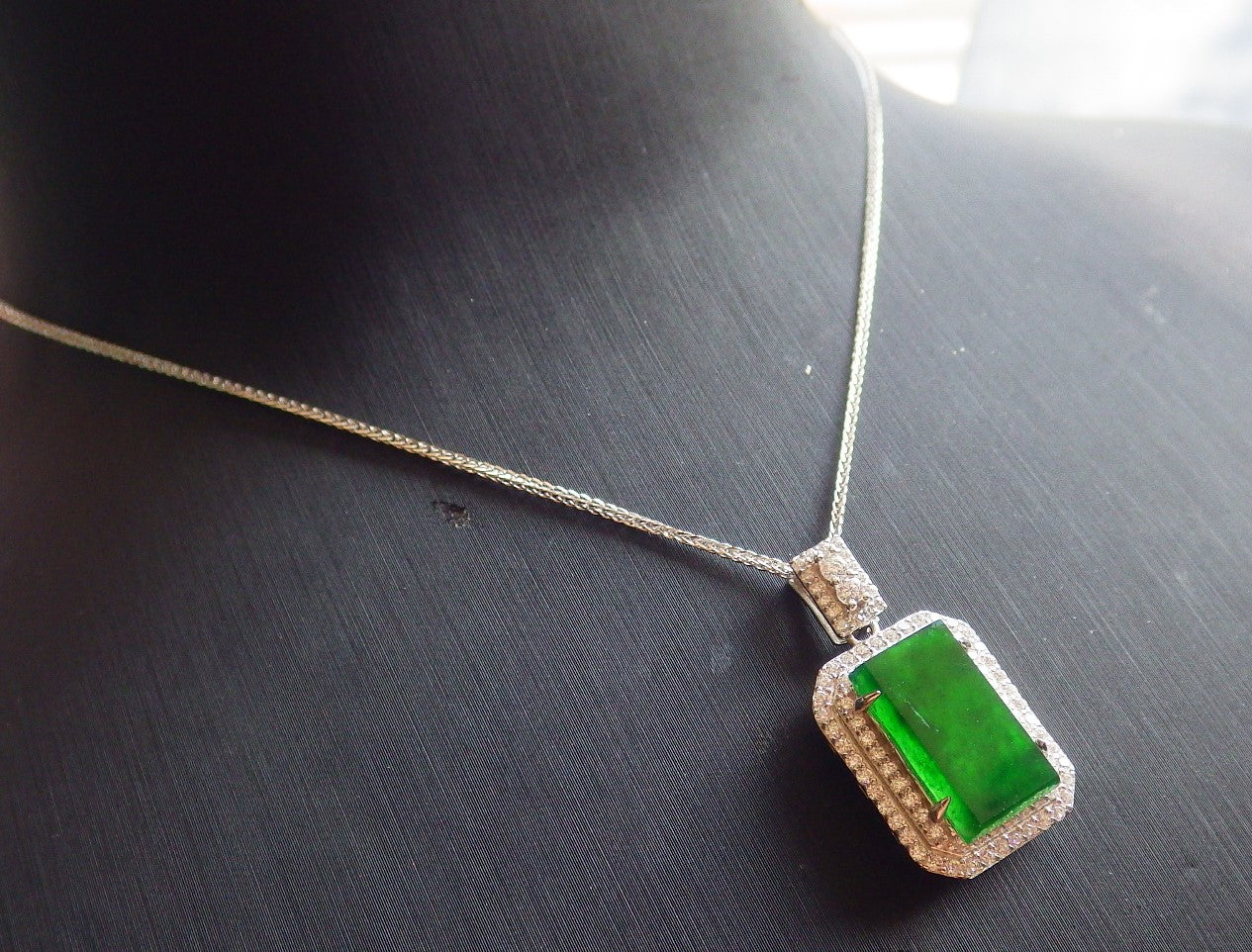 Icy Green Silver 925 Certified BURMA 100% Natural A JADE Jadeite pendant Rectangle Necklace 650936 TN