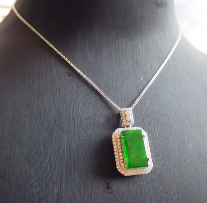 Icy Green Silver 925 Certified BURMA 100% Natural A JADE Jadeite pendant Rectangle Necklace 650936 TN